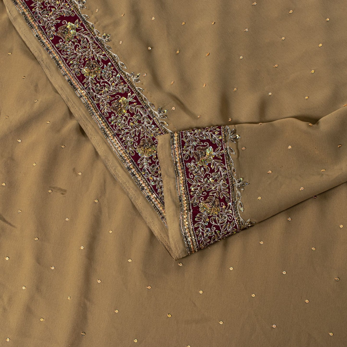 Sanskriti Vintage Saree Beige Georgette Hand Embroidery Zari Zardozi Sari 5.5 YD