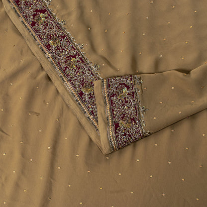 Sanskriti Vintage Saree Beige Georgette Hand Embroidery Zari Zardozi Sari 5.5 YD
