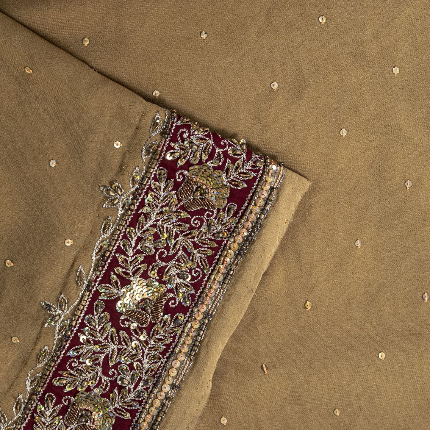 Sanskriti Vintage Saree Beige Georgette Hand Embroidery Zari Zardozi Sari 5.5 YD