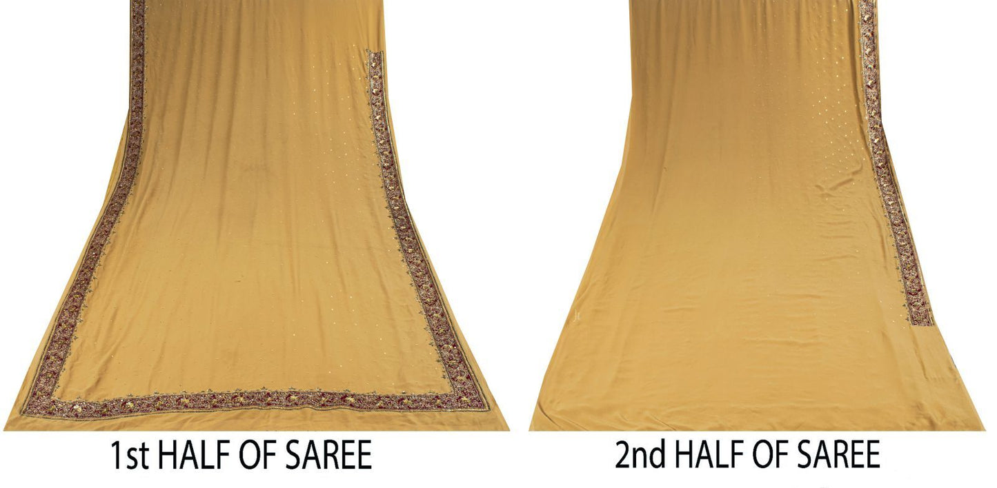 Sanskriti Vintage Saree Beige Georgette Hand Embroidery Zari Zardozi Sari 5.5 YD