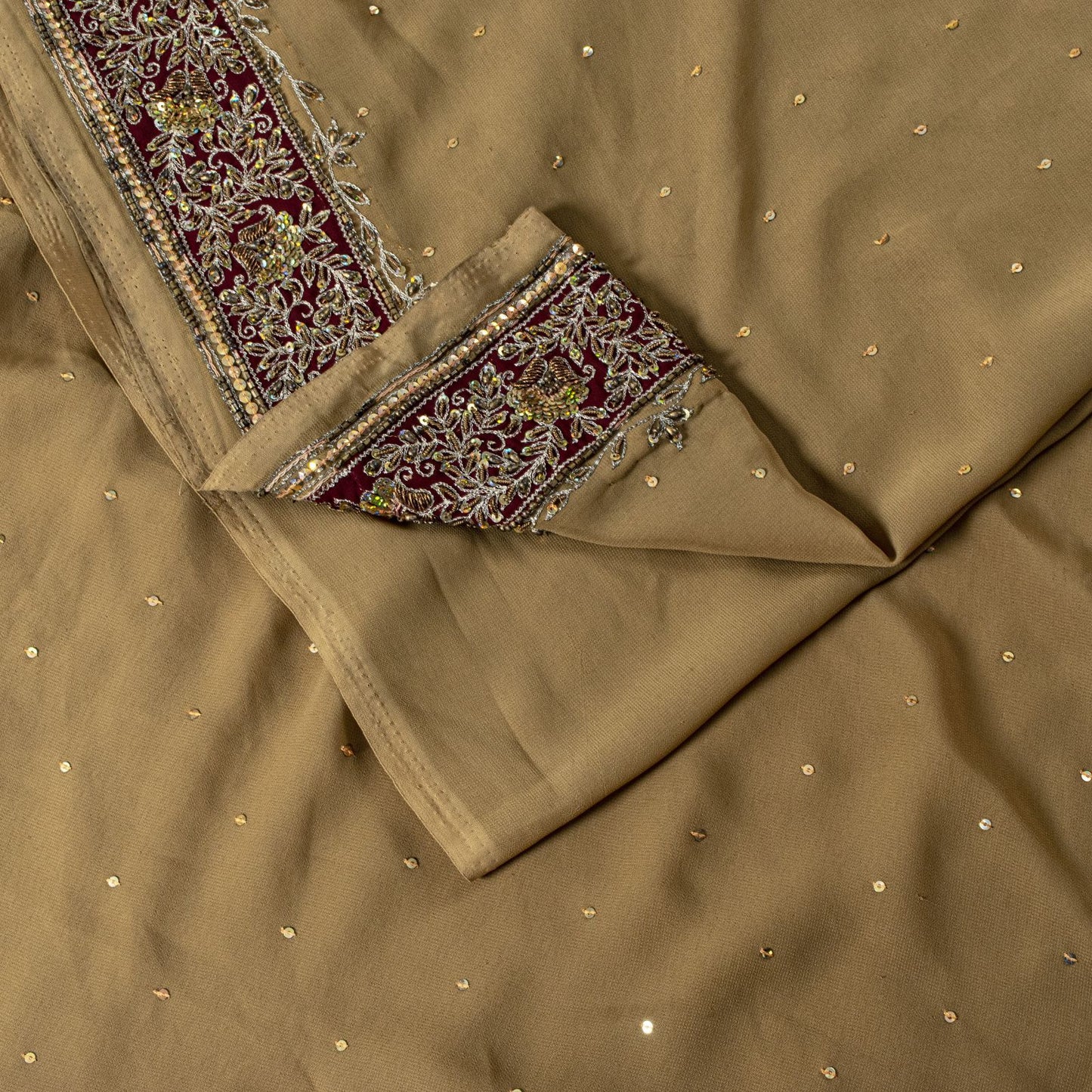Sanskriti Vintage Saree Beige Georgette Hand Embroidery Zari Zardozi Sari 5.5 YD