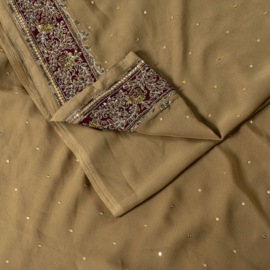 Sanskriti Vintage Saree Beige Georgette Hand Embroidery Zari Zardozi Sari 5.5 YD