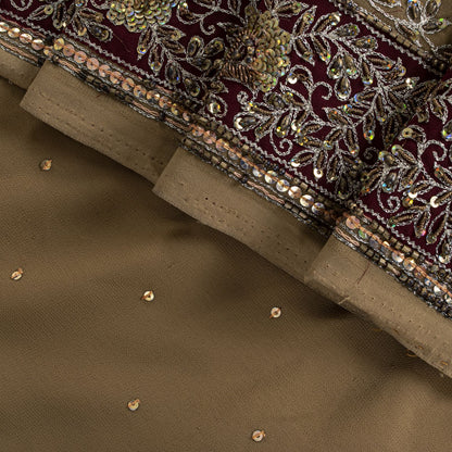 Sanskriti Vintage Saree Beige Georgette Hand Embroidery Zari Zardozi Sari 5.5 YD