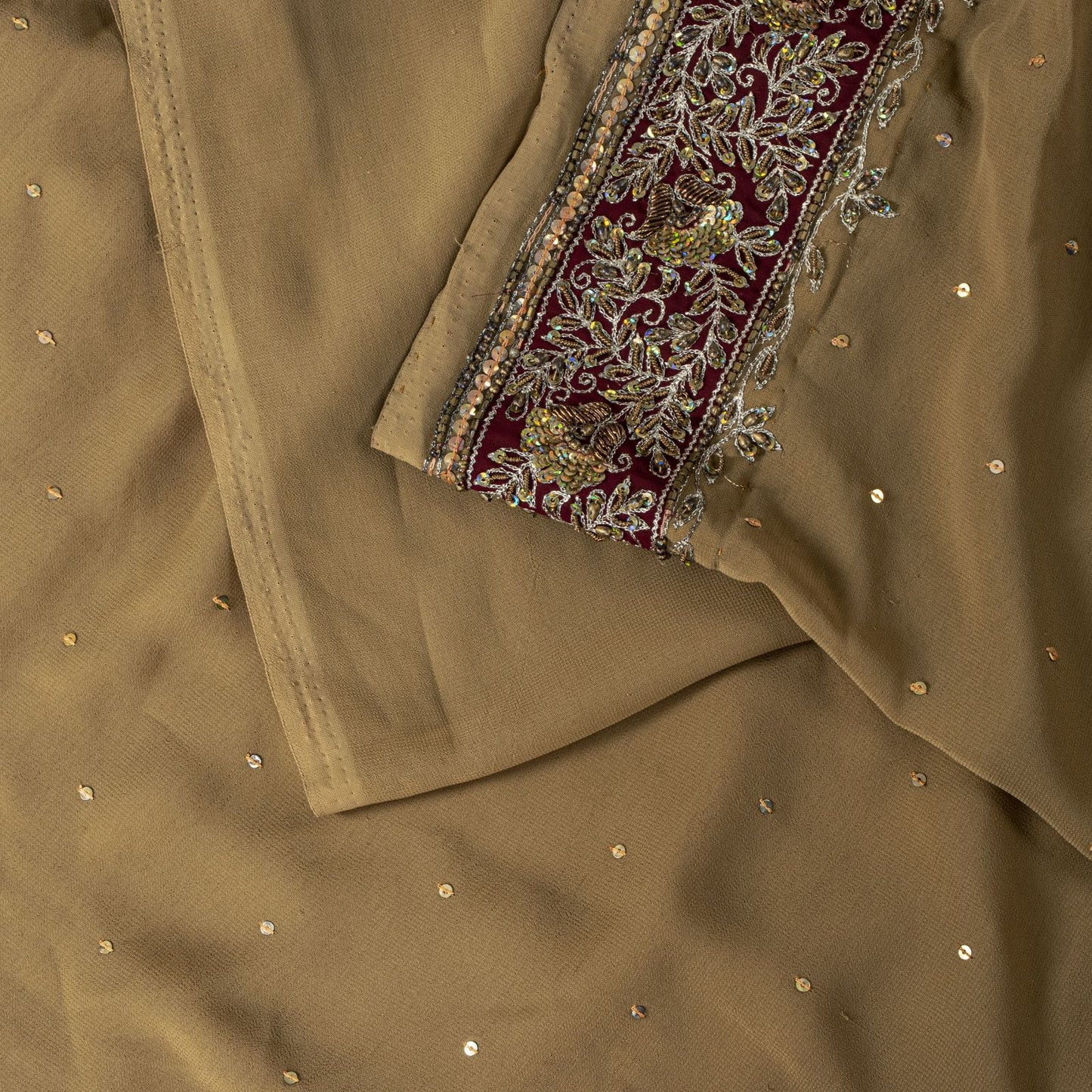 Sanskriti Vintage Saree Beige Georgette Hand Embroidery Zari Zardozi Sari 5.5 YD