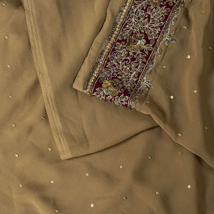 Sanskriti Vintage Saree Beige Georgette Hand Embroidery Zari Zardozi Sari 5.5 YD