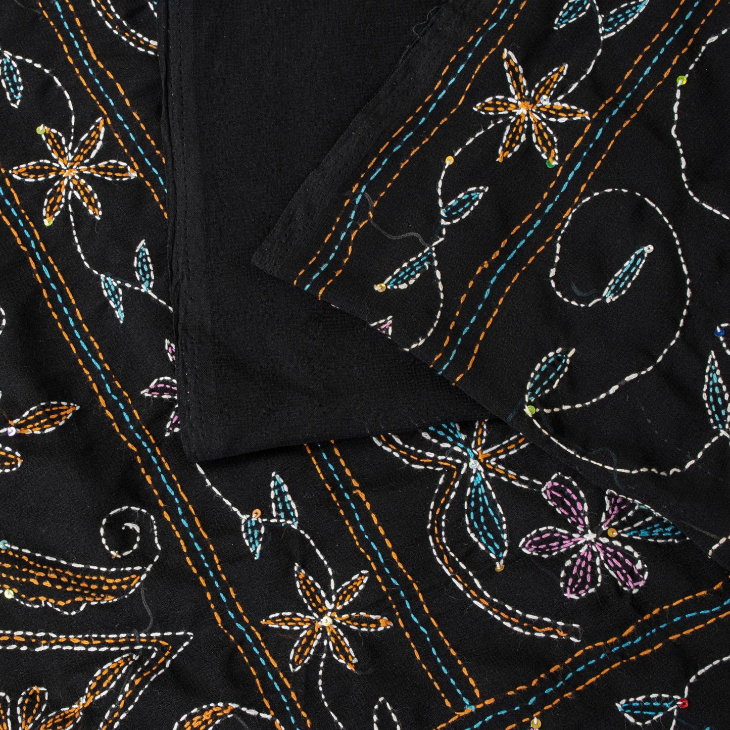 Sanskriti Vintage Black Georgette Saree Hand Embroidery Kantha Bengal Sari 5.5YD
