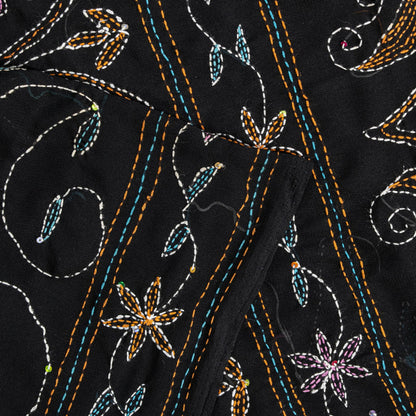 Sanskriti Vintage Black Georgette Saree Hand Embroidery Kantha Bengal Sari 5.5YD