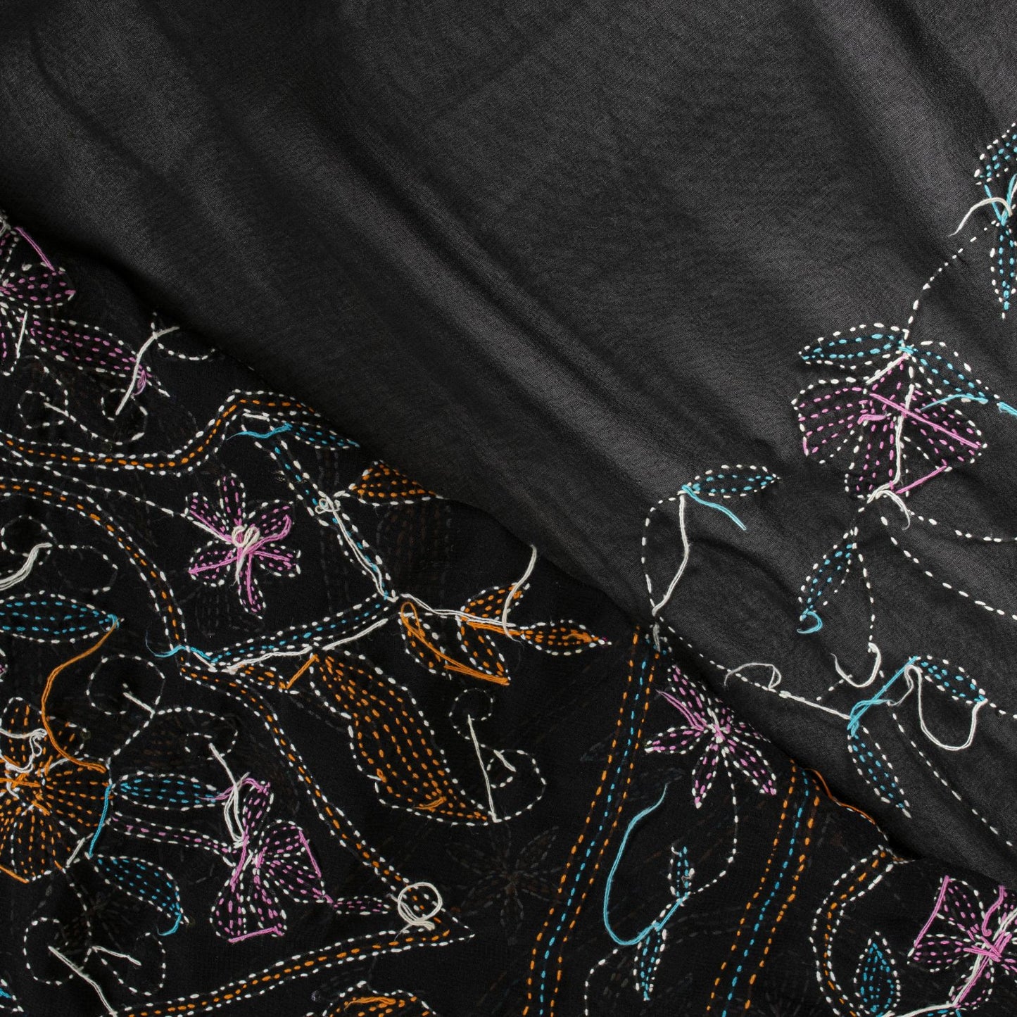 Sanskriti Vintage Black Georgette Saree Hand Embroidery Kantha Bengal Sari 5.5YD
