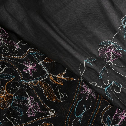 Sanskriti Vintage Black Georgette Saree Hand Embroidery Kantha Bengal Sari 5.5YD