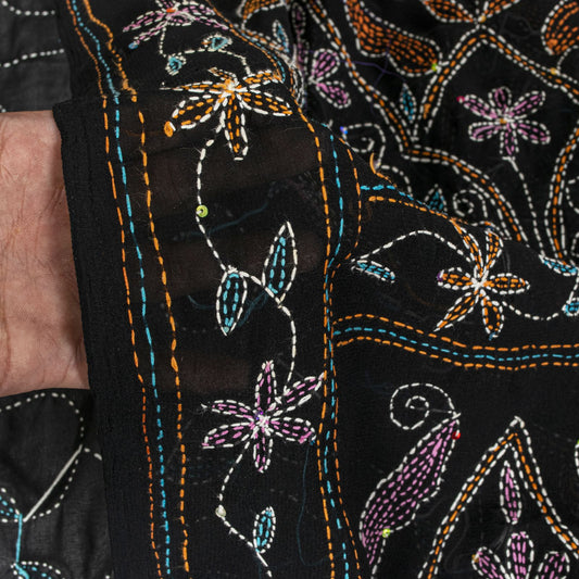 Sanskriti Vintage Black Georgette Saree Hand Embroidery Kantha Bengal Sari 5.5YD
