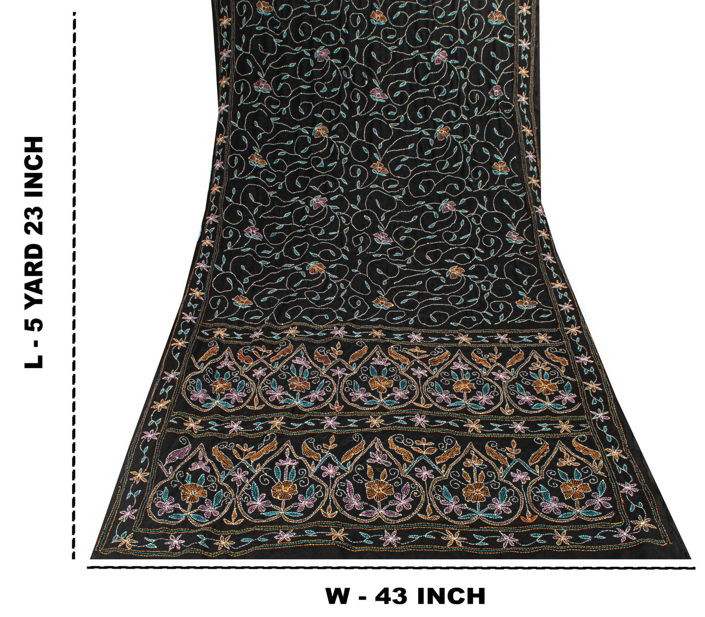Sanskriti Vintage Black Georgette Saree Hand Embroidery Kantha Bengal Sari 5.5YD
