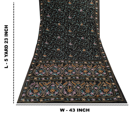 Sanskriti Vintage Black Georgette Saree Hand Embroidery Kantha Bengal Sari 5.5YD