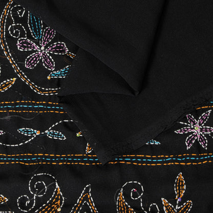 Sanskriti Vintage Black Georgette Saree Hand Embroidery Kantha Bengal Sari 5.5YD
