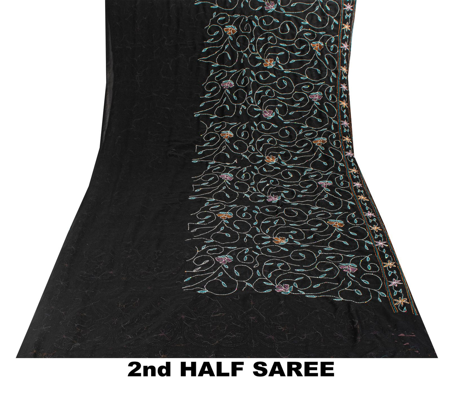 Sanskriti Vintage Black Georgette Saree Hand Embroidery Kantha Bengal Sari 5.5YD