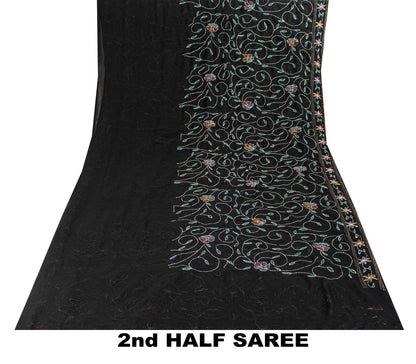 Sanskriti Vintage Black Georgette Saree Hand Embroidery Kantha Bengal Sari 5.5YD
