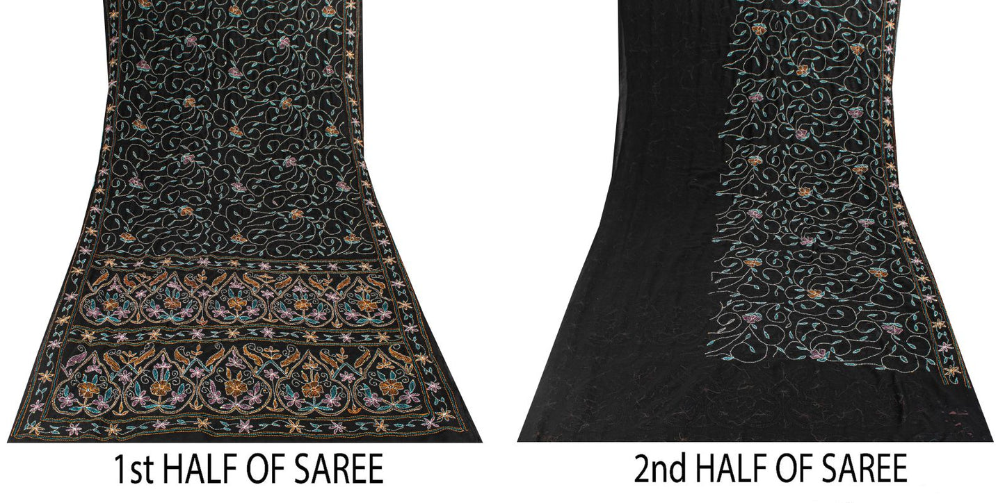 Sanskriti Vintage Black Georgette Saree Hand Embroidery Kantha Bengal Sari 5.5YD