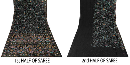 Sanskriti Vintage Black Georgette Saree Hand Embroidery Kantha Bengal Sari 5.5YD