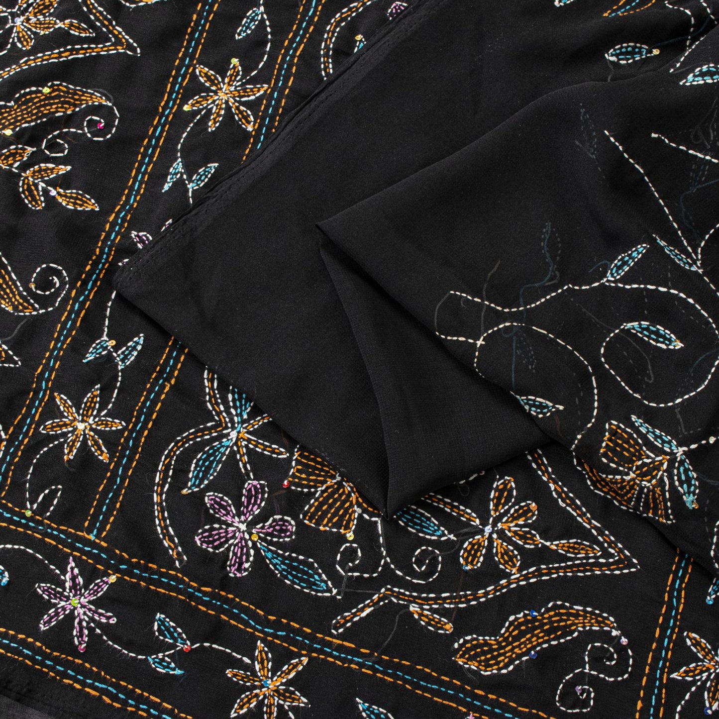 Sanskriti Vintage Black Georgette Saree Hand Embroidery Kantha Bengal Sari 5.5YD