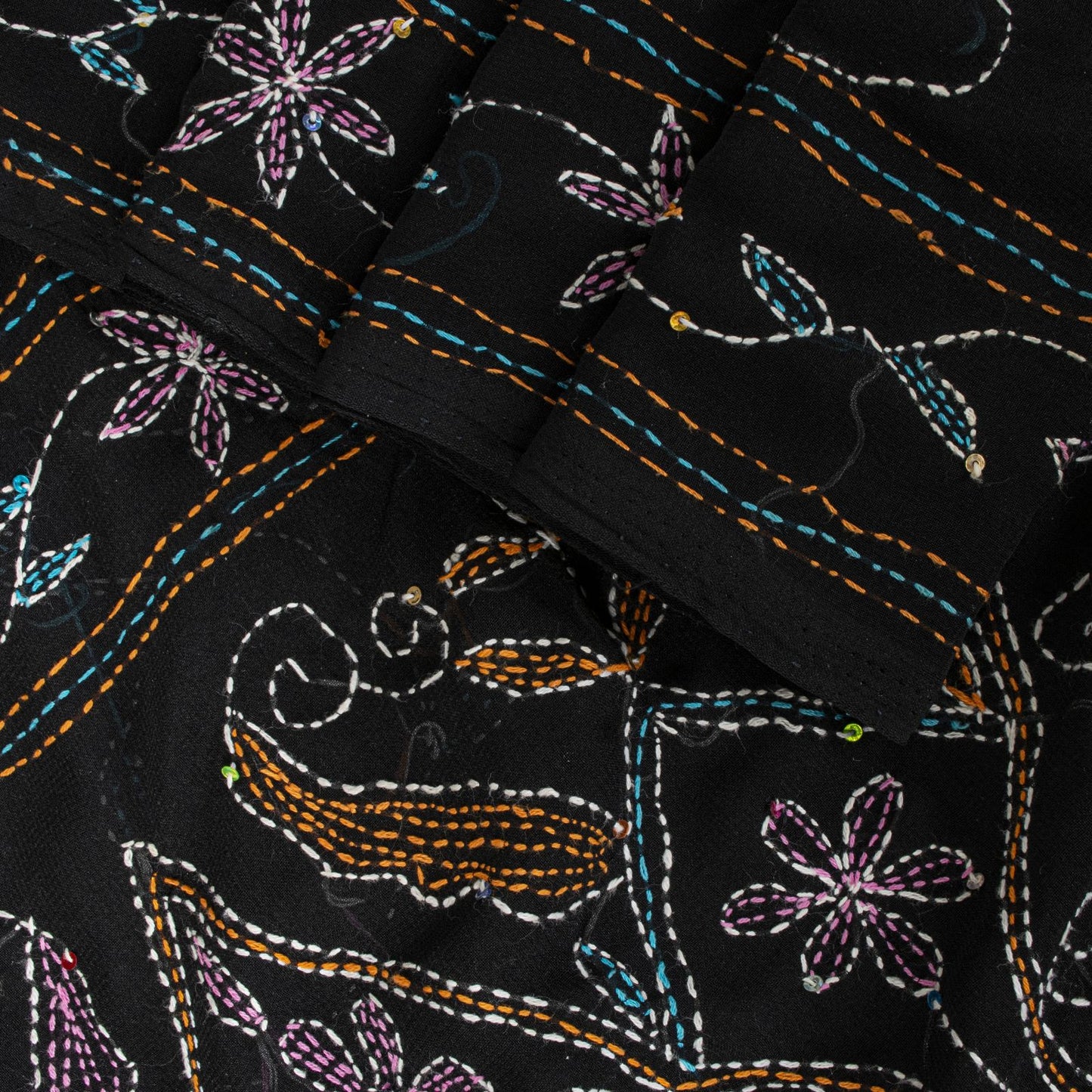 Sanskriti Vintage Black Georgette Saree Hand Embroidery Kantha Bengal Sari 5.5YD