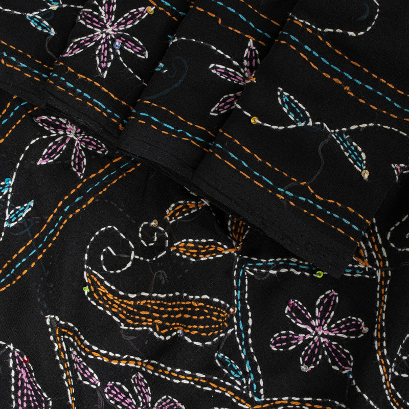 Sanskriti Vintage Black Georgette Saree Hand Embroidery Kantha Bengal Sari 5.5YD