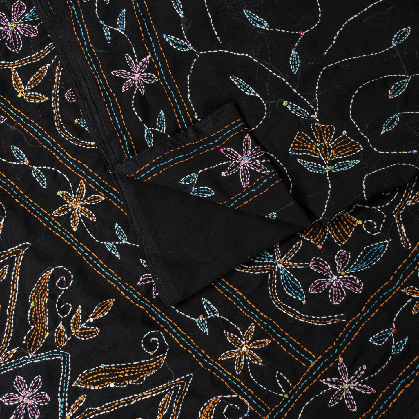 Sanskriti Vintage Black Georgette Saree Hand Embroidery Kantha Bengal Sari 5.5YD
