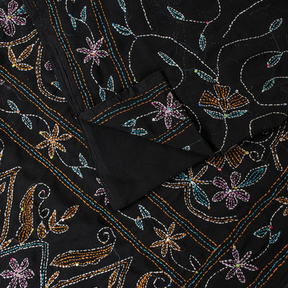 Sanskriti Vintage Black Georgette Saree Hand Embroidery Kantha Bengal Sari 5.5YD