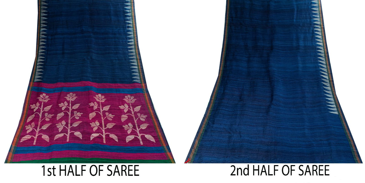 Sanskriti Vintage Saree Blue Cotton Silk Tant Hand Woven Bengali Sari 5.5 Fabric