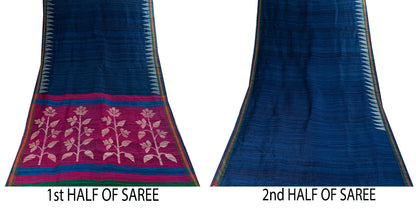 Sanskriti Vintage Saree Blue Cotton Silk Tant Hand Woven Bengali Sari 5.5 Fabric