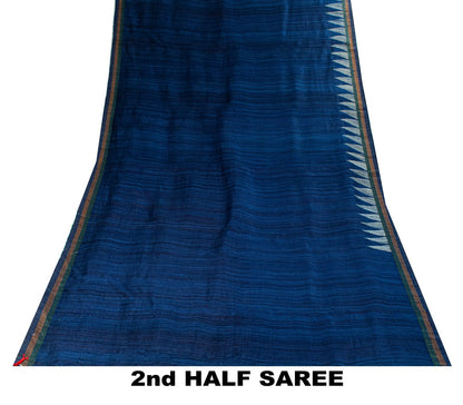Sanskriti Vintage Saree Blue Cotton Silk Tant Hand Woven Bengali Sari 5.5 Fabric