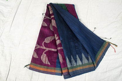 Sanskriti Vintage Saree Blue Cotton Silk Tant Hand Woven Bengali Sari 5.5 Fabric