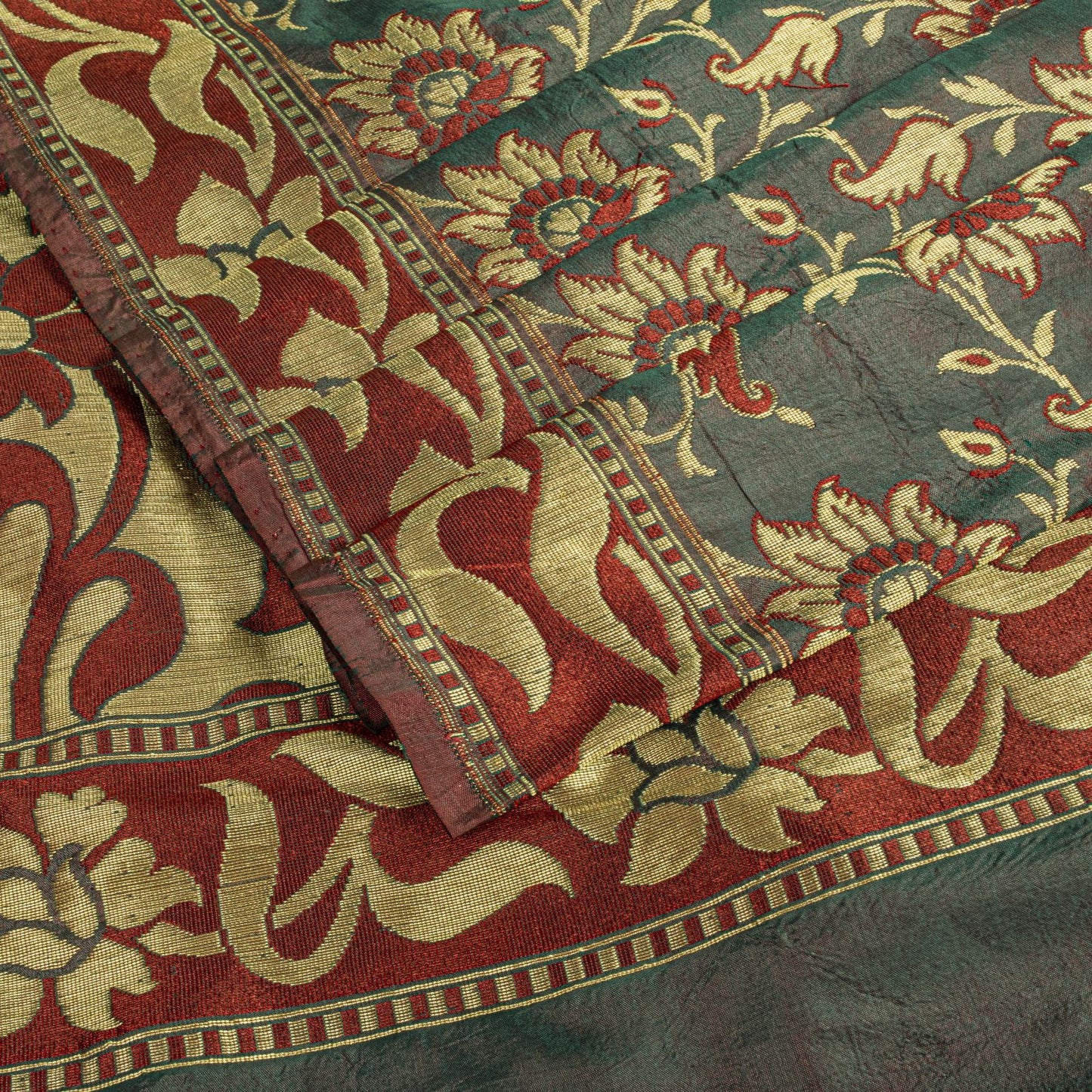 Sanskriti Vintage Saree Green-Wine Pure Silk Kalamkari Brocade Hand Woven Sari