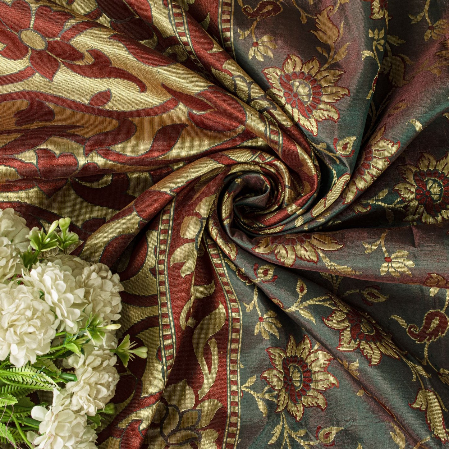 Sanskriti Vintage Saree Green-Wine Pure Silk Kalamkari Brocade Hand Woven Sari