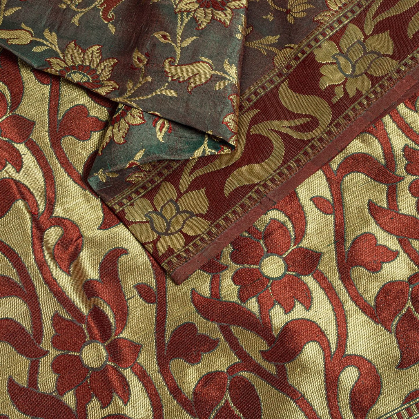 Sanskriti Vintage Saree Green-Wine Pure Silk Kalamkari Brocade Hand Woven Sari