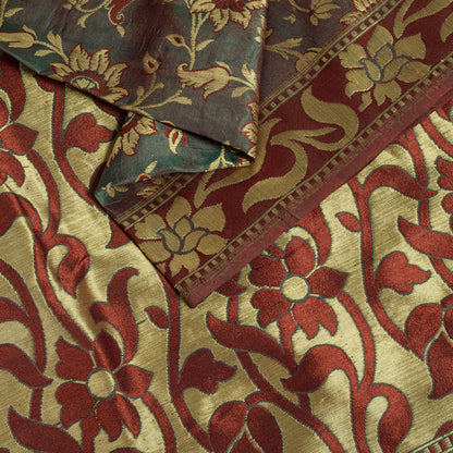 Sanskriti Vintage Saree Green-Wine Pure Silk Kalamkari Brocade Hand Woven Sari