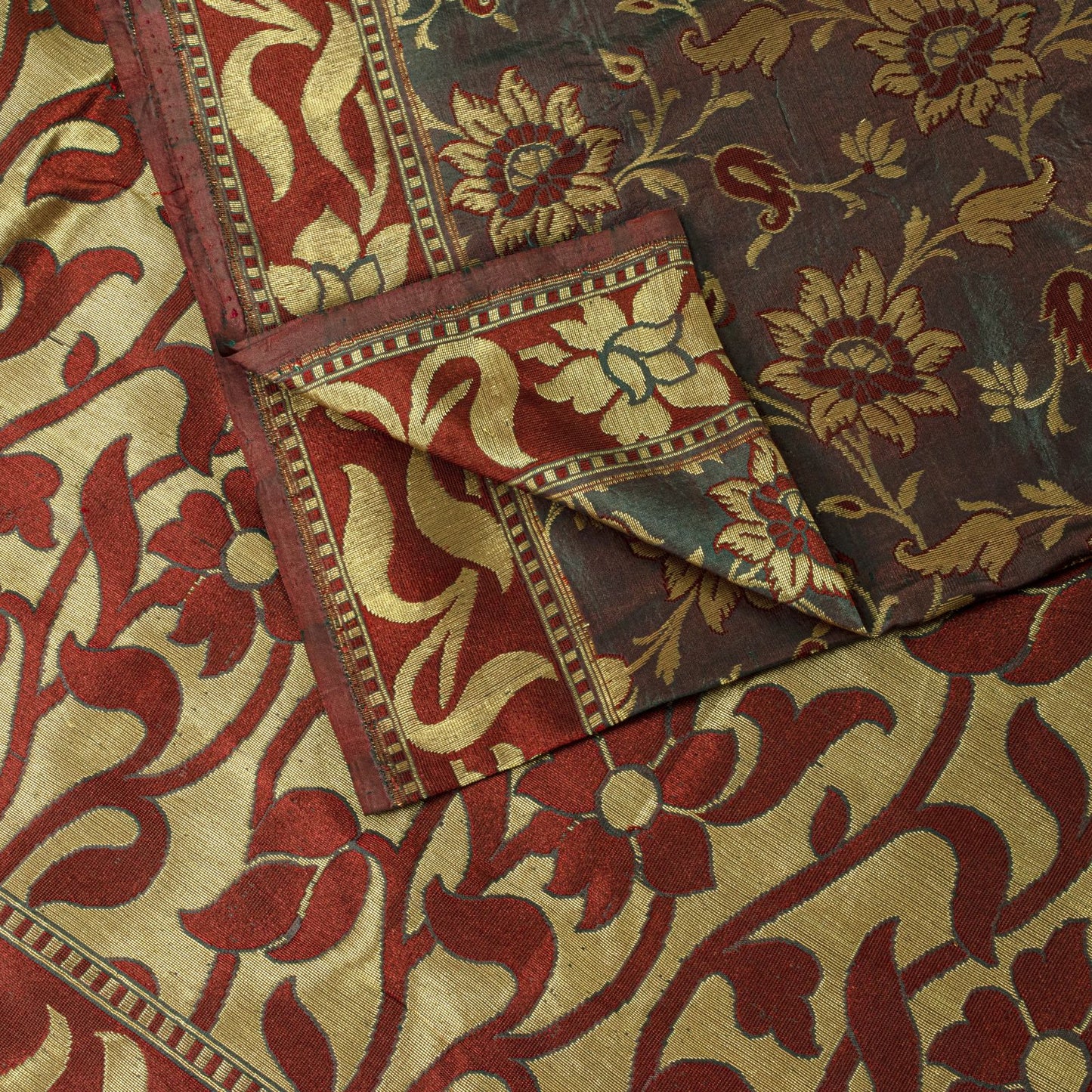 Sanskriti Vintage Saree Green-Wine Pure Silk Kalamkari Brocade Hand Woven Sari