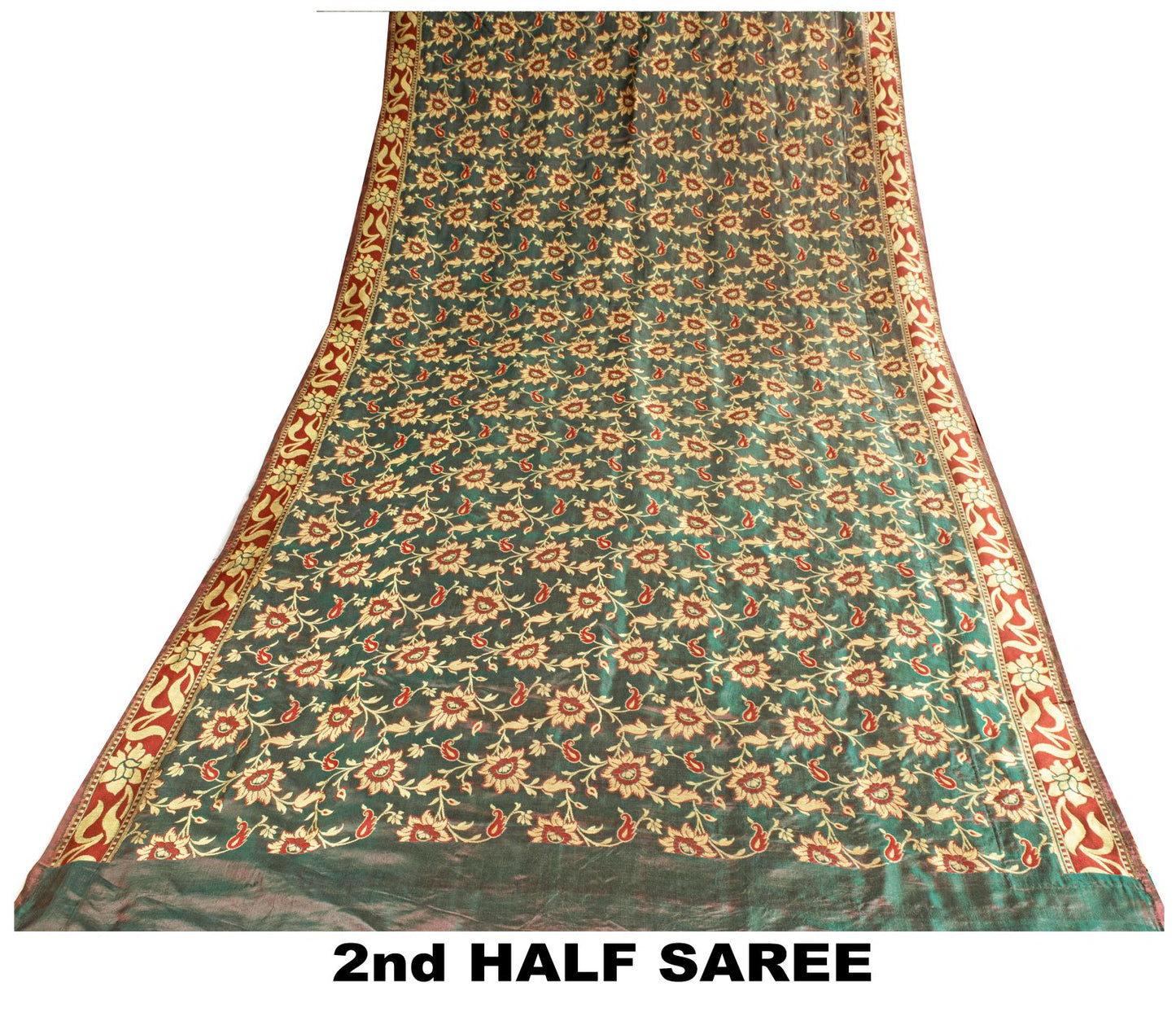 Sanskriti Vintage Saree Green-Wine Pure Silk Kalamkari Brocade Hand Woven Sari