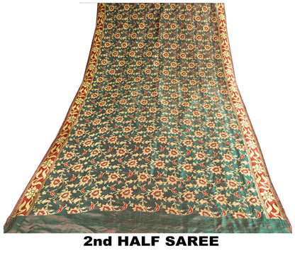 Sanskriti Vintage Saree Green-Wine Pure Silk Kalamkari Brocade Hand Woven Sari