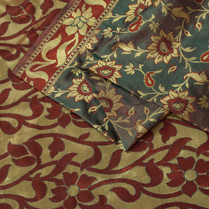 Sanskriti Vintage Saree Green-Wine Pure Silk Kalamkari Brocade Hand Woven Sari