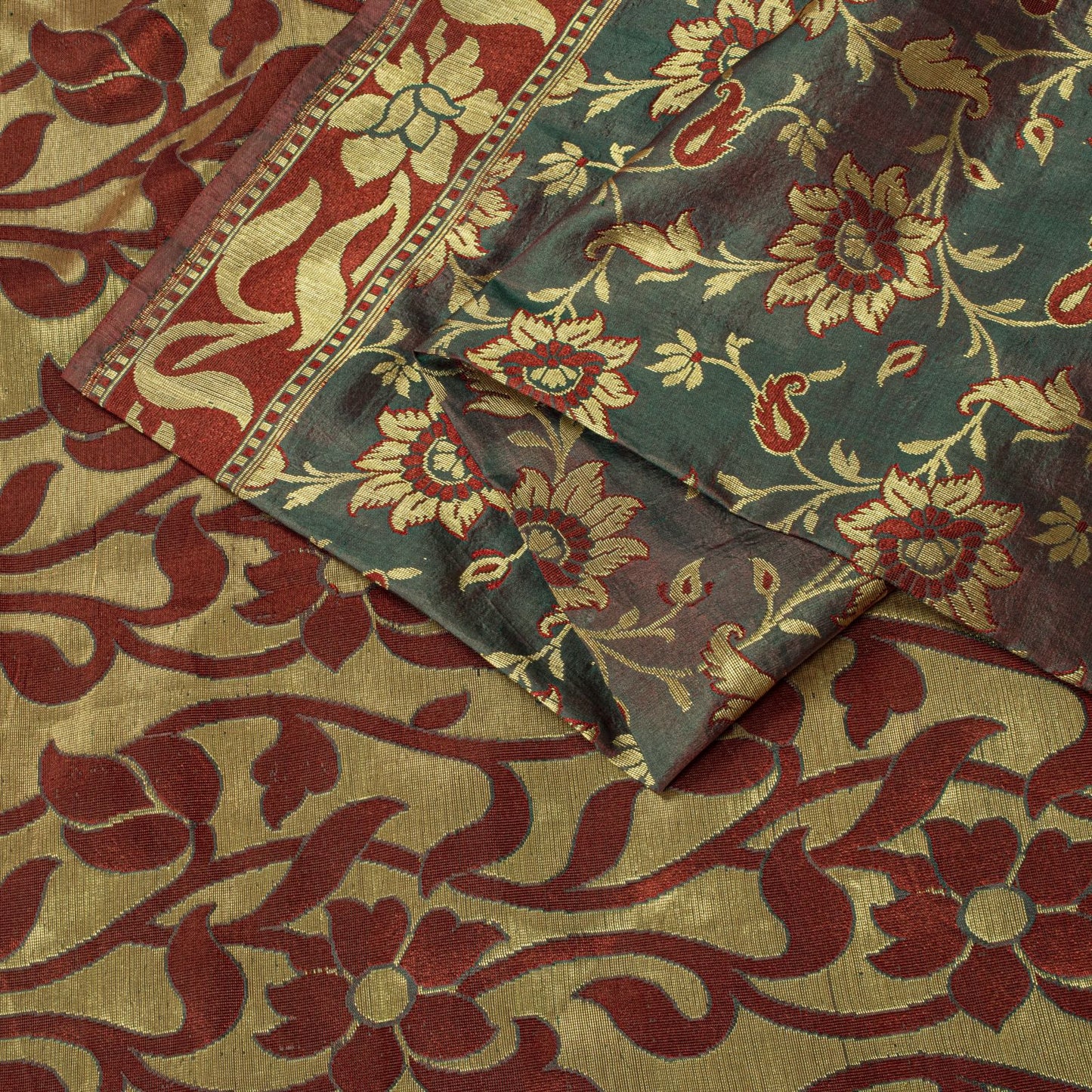 Sanskriti Vintage Saree Green-Wine Pure Silk Kalamkari Brocade Hand Woven Sari