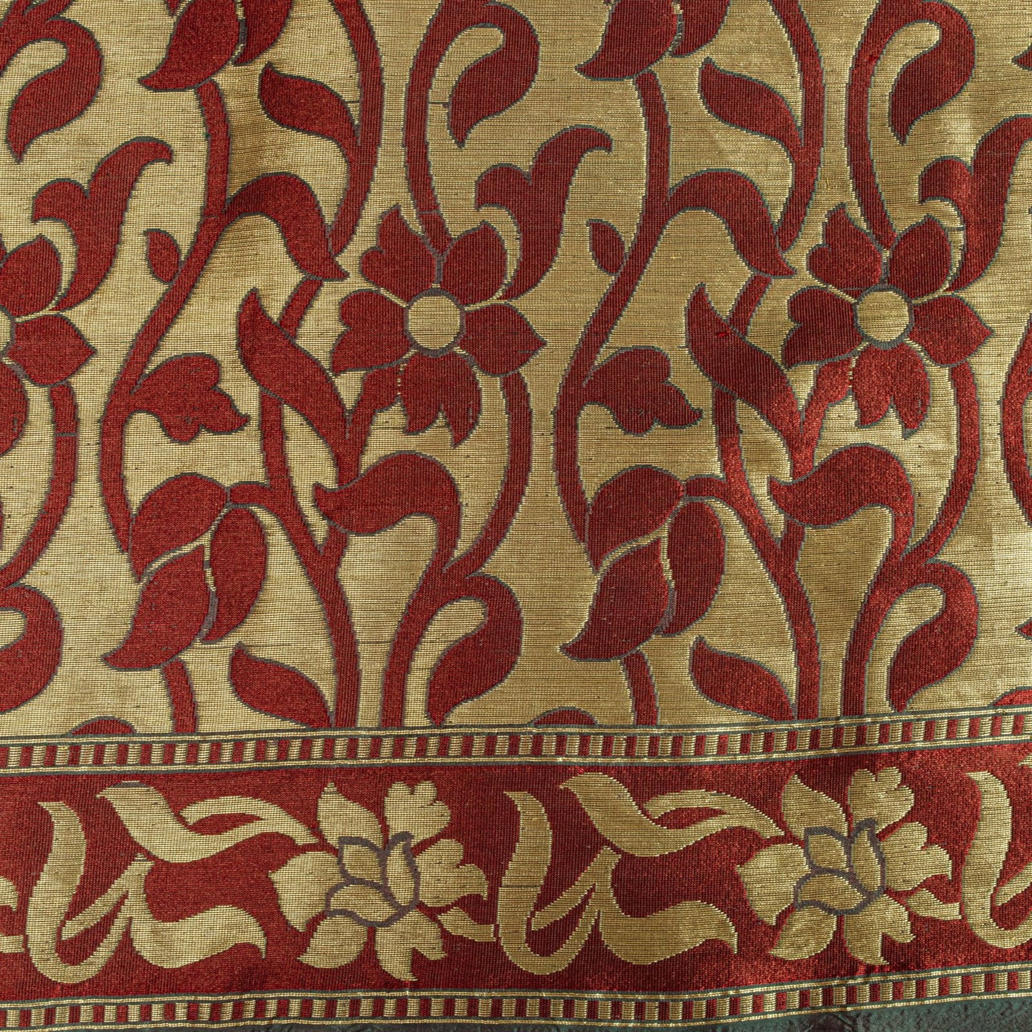 Sanskriti Vintage Saree Green-Wine Pure Silk Kalamkari Brocade Hand Woven Sari
