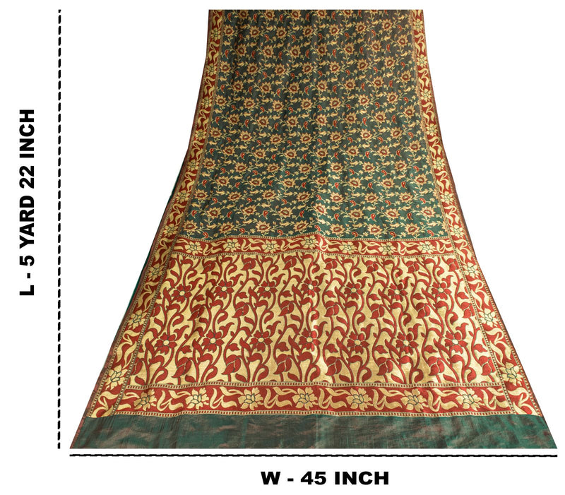 Sanskriti Vintage Saree Green-Wine Pure Silk Kalamkari Brocade Hand Woven Sari