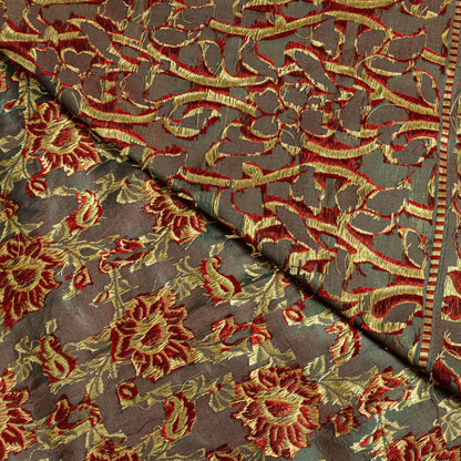 Sanskriti Vintage Saree Green-Wine Pure Silk Kalamkari Brocade Hand Woven Sari