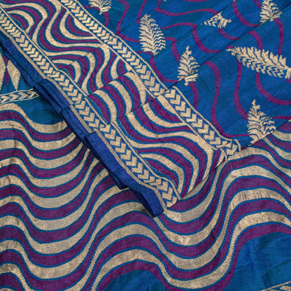 Sanskriti Vintage Saree Blue Soft Pure Silk Brocade Hand Woven Sari 5+YD Fabric