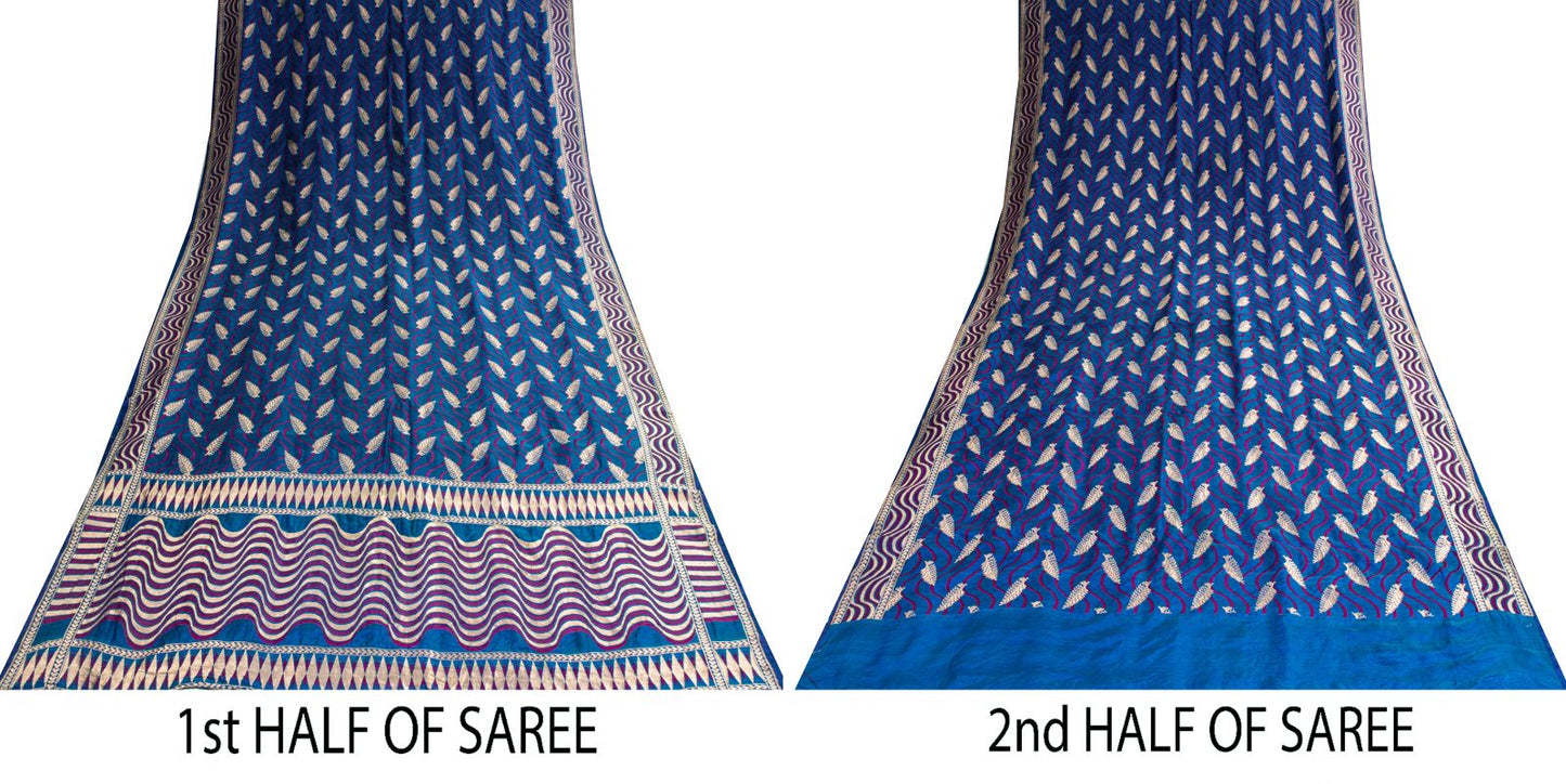 Sanskriti Vintage Saree Blue Soft Pure Silk Brocade Hand Woven Sari 5+YD Fabric