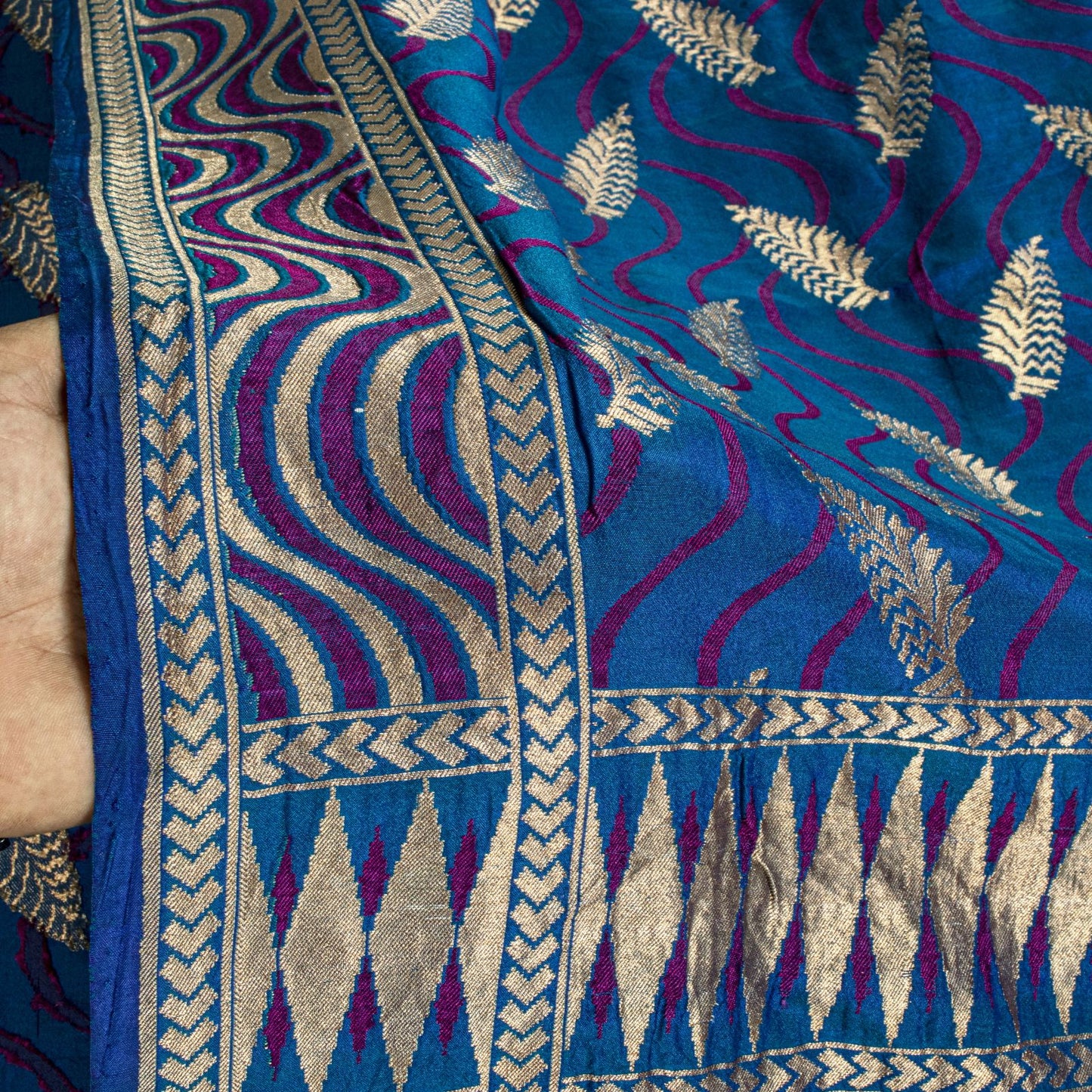 Sanskriti Vintage Saree Blue Soft Pure Silk Brocade Hand Woven Sari 5+YD Fabric