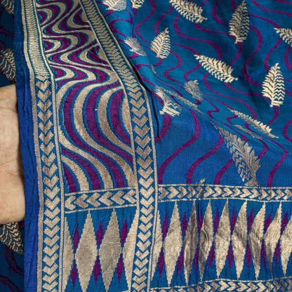 Sanskriti Vintage Saree Blue Soft Pure Silk Brocade Hand Woven Sari 5+YD Fabric