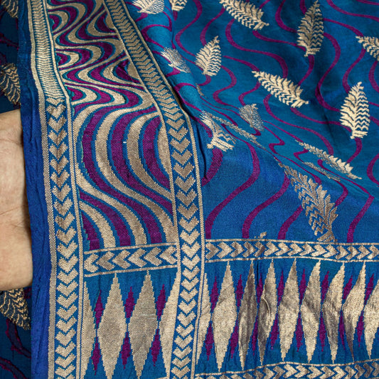 Sanskriti Vintage Saree Blue Soft Pure Silk Brocade Hand Woven Sari 5+YD Fabric