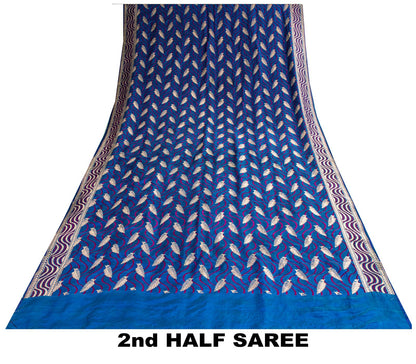 Sanskriti Vintage Saree Blue Soft Pure Silk Brocade Hand Woven Sari 5+YD Fabric