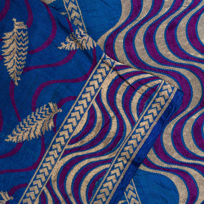 Sanskriti Vintage Saree Blue Soft Pure Silk Brocade Hand Woven Sari 5+YD Fabric