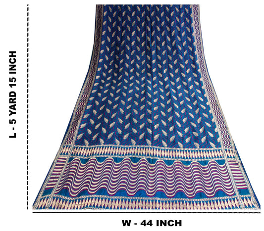 Sanskriti Vintage Saree Blue Soft Pure Silk Brocade Hand Woven Sari 5+YD Fabric